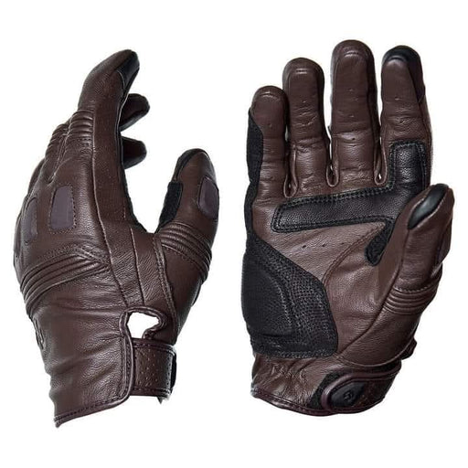 Pair of brown leather gloves with black accents on a white background