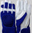 Pair of blue and white gloves on a wooden surface