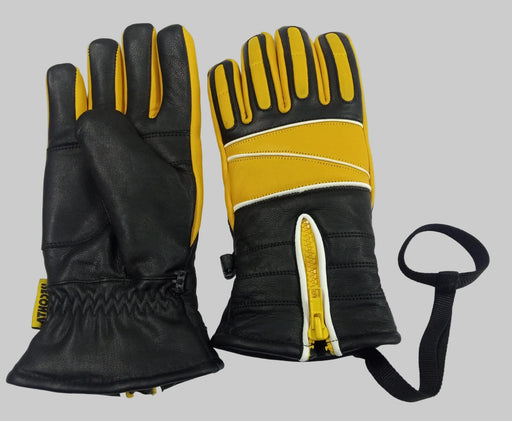 Black and yellow gloves with a strap on a white background