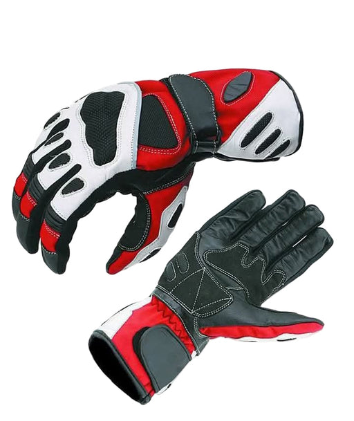 Pair of red, black, and white gloves on a white background