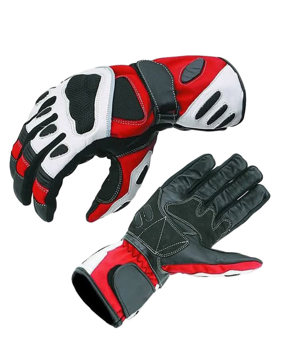 Pair of red, black, and white gloves on a white background