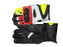 Pair of motorcycle gloves with black, red, and yellow design on a wooden surface.